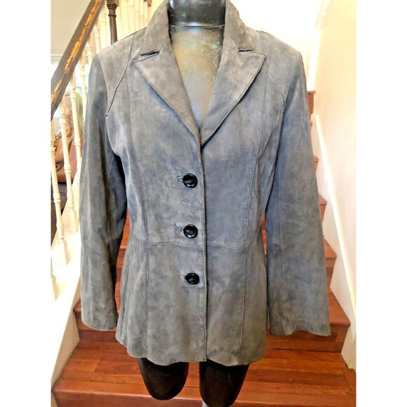 Geneology Women's Leather Suede Gray Jacket Long Sleeve Button Up Large - Picture 1 of 7